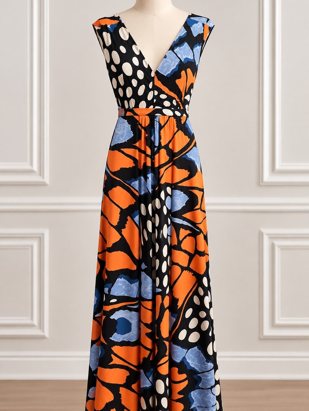 Bold Orange & Blue V-Neck Maxi Dress
